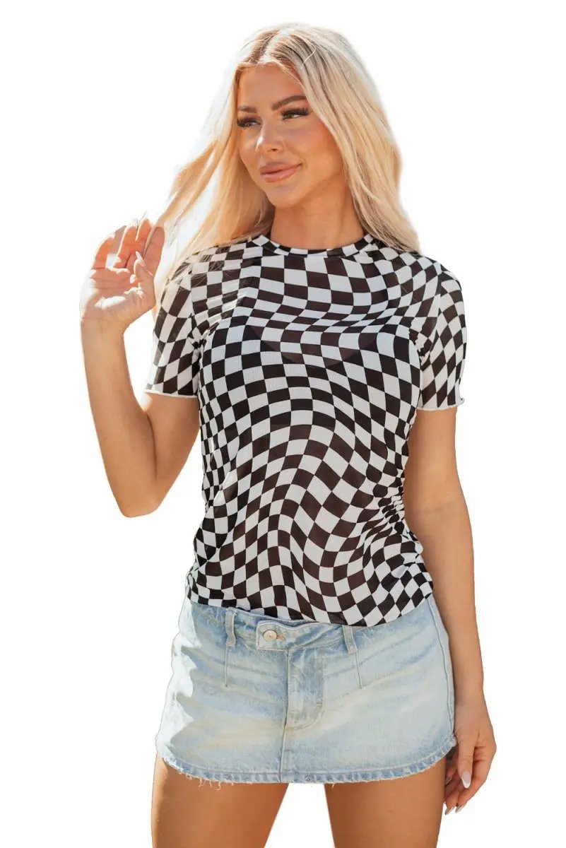 Black Checker Mesh Crew Neck T Shirt for Women Fashion - Love Salve